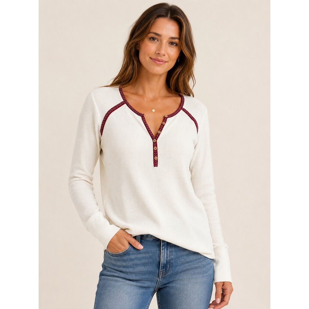 Sundance Women Cream Waffle Knit Henley Top Embroidered Trim Cotton Small